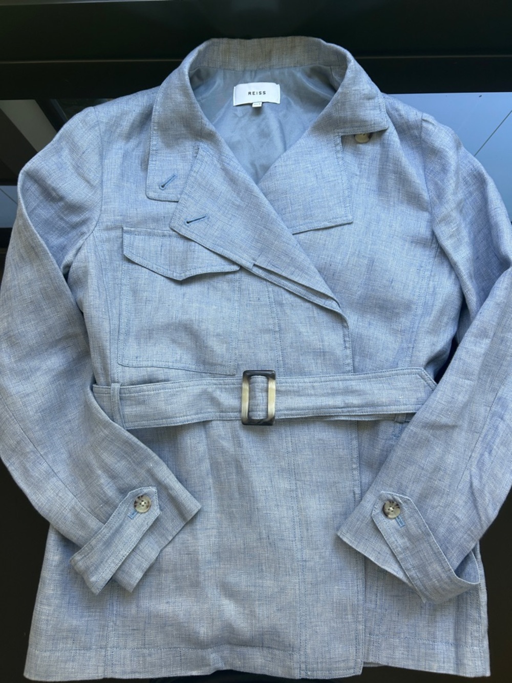 Reiss Light Blue Linen-Blend Belted Trench 4